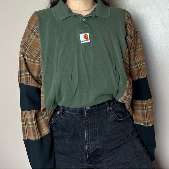 Reworked Upcycled Carhartt Patchwork Long Sleeve Relaxed Baggy Flannel Shirt Top - Picture 3 of 4
